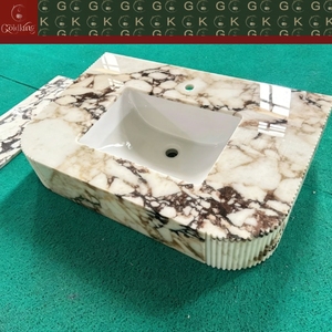GOLDKING Meuble-lavabo moderne en marbre Calacatta Viola pour salle de bain, avec vasque, finition blanc crème, veines marron, bord cannelé, découpe CNC de précision - Product Image 5