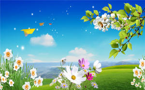 Papier peint de paysage de prairie florale de printemps avec des avions en papier, papier peint scénique frais pour la décoration de bureau de restaurant - Product Image 5