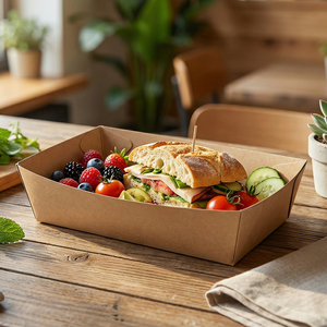Customizable Size Eco-Friendly Recyclable Disposable Rigid Kraft Paper Boat Tray with Custom Logo Printing for Vegetable Salad - Product Image 2