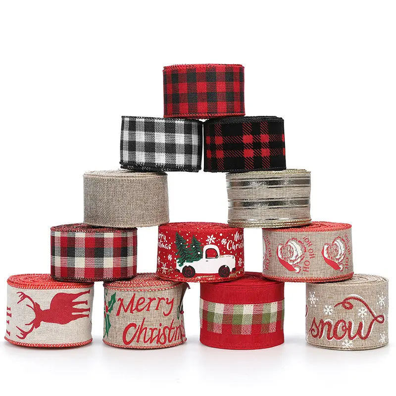 Christmas Ribbon Roll 6.3cm Wired Edged Ribbon Burlap Christmas Ribbon For Merry Christmas Tree Holiday Decoration