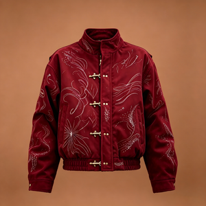 Giacca Oversize Premium Personalizzata <span class=keywords><strong>Rosso</strong></span> <span class=keywords><strong>Vino</strong></span> con Fibbia in Metallo Ricamata con Strass Moda Streetwear Maschile - Product Image 1