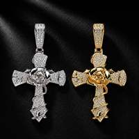 Liontin Salib Pola Iced Out dengan Rantai, Micro Pave 5A Moissanite Berkualitas Tinggi, Kuningan, Perhiasan Leher Pria Gaya Hip Hop
