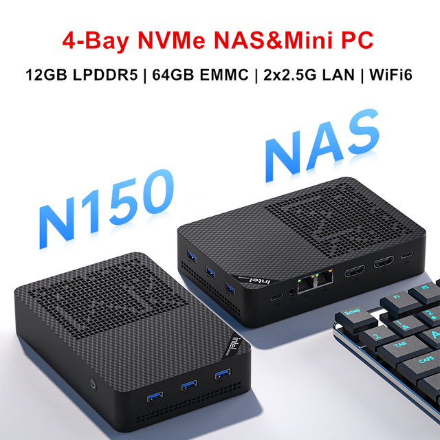 Topton 4-Bay NAS Mini PC In-tel N150 4*M.2 NVMe SSD Slots 12GB DDR5 64GB EMMC 2*2.5G LAN I226-V 3x4K UHD Firewall Computer WiFi6