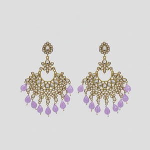 Bridal Ethnic Chandelier Drop Earrings Claw Setting Pearl Chain Matching Maang Tikka Alloy Gold Plated Vintage Traditional - Product Image 2