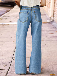 Jeans a <span class=keywords><strong>Vita</strong></span> Alta e Gamba Larga per Donna - Lavaggio Chiaro <span class=keywords><strong>con</strong></span> Coulisse Elastica <span class=keywords><strong>in</strong></span> <span class=keywords><strong>Vita</strong></span> <span class=keywords><strong>Pantaloni</strong></span> <span class=keywords><strong>in</strong></span> Denim Elasticizzato Vintage Casual Vestibilità Comoda - Product Image 2