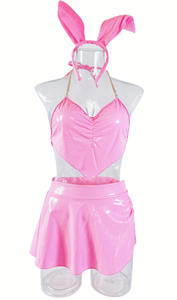 Rok seksi menggoda pakaian dalam wanita menarik PATEN PU kulit atas Cosplay <span class=keywords><strong>pink</strong></span> kelinci gadis kostum Erotis - Product Image 6
