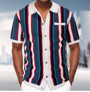 Camisa <span class=keywords><strong>Polo</strong></span> de Punto a Rayas Transpirable de Verano para Hombre, Camisas de Punto Informales de Manga Corta con Botones y Bolsillo - Product Image 1