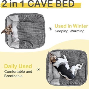 เตียงแมวหรูหรา ป้องกันความวิตกกังวล รูปทรงสี่เหลี่ยมผืนผ้า พร้อมผ้าห่มคลุมแบบมีฮู้ด สำหรับลูกสุนัข - Product Image 3