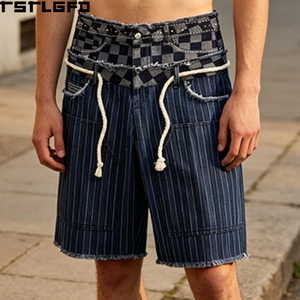 Pantalones Cortos Vaqueros Personalizados con Doble Cintura, Diseño a Cuadros y Rayas, Estilo Baggy, con Bajo Deshilachado, para Venta al por Mayor y a Granel - Product Image 1
