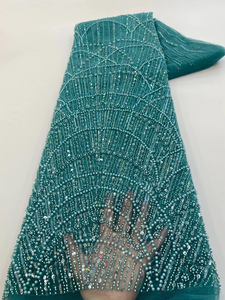 ลูกไม้ตาข่ายประดับลูกปัดหรูหรา ni.ai ผ้าลูกไม้สีฟ้าปักเลื่อมด้วยไข่มุกสำหรับชุดแต่งงาน - Product Image 6