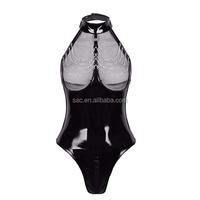SacKnove 8031 mujeres maduras regordetas de talla grande cadena transparente negro medianoche mono que muestra el pezón Lencería de cuero Sexy caliente