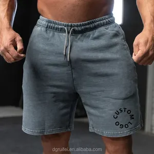 Custom Design Retro Cotton Sweat Street Vintage French Terry 7 Inch Running Men Athletic Acid Wash Shorts With Rope String