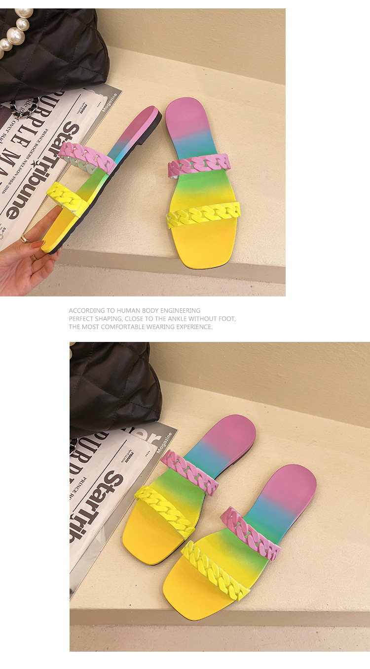 New Rainbow Bottom Chain Beach Slippers Candy Colorful Slipper Sandals Ladies