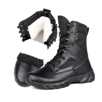 Bottes tactiques en laine, épaisses et chaudes, en cuir noir, mi-mollet, pour l'hiver, antidérapantes, thermiques, avec fermetures éclair