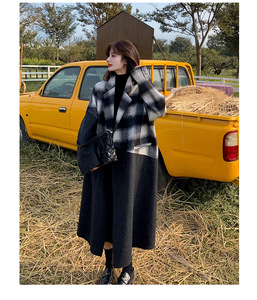 Femmes 2025 automne hiver nouveau <span class=keywords><strong>manteau</strong></span> en <span class=keywords><strong>laine</strong></span> lambrissé à carreaux <span class=keywords><strong>noir</strong></span>-Trench surdimensionné mi-long élégant - Product Image 6