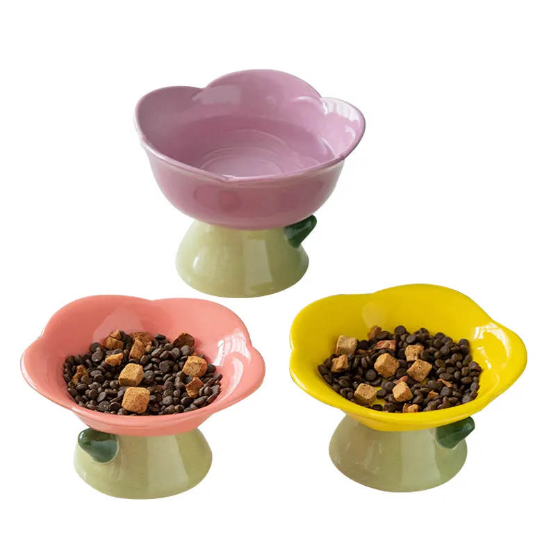 Redeco Hot Sale Cute Dog Bowl Neck Protector Pet Ceramic Flower Bowls Durable Dog Feeder