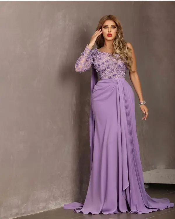 Sexy One Shoulder Long Sleeve 3D Floral Bodice Lavender Chiffon Purple Prom Dress Evening Gown