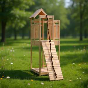 Casita de juegos de madera maciza de pino con pared de escalada para jardín, para niños de 3 a 8 años, estructura de madera tratada térmicamente - Product Image 2