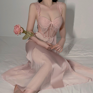 P4338 Vente en gros Chine – <span class=keywords><strong>Nuisette</strong></span> sexy pour femme en satin de soie de haute qualité avec armatures, coussinets de poitrine et laçage – Robe de nuit - Product Image 3