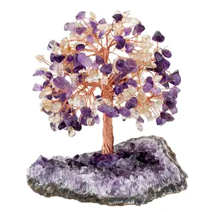 Amethyst Healing Crystal Tree Natural Reiki Crystals Gemstone Stone Amethyst Cluster Base Copper Wire Tree Life Feng Shui Reiki