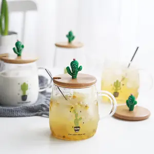 Seaygift sıcak satış kullanımlık sevimli kaktüs cam içme süt çay su kupası kahve bardak bardak kaşık ile bambu kapak