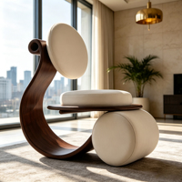 Fauteuil d'appoint vintage en bois massif courbé, rembourré en cuir, chaise longue individuelle pour salon, mobilier de maison