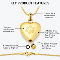 Collier urne funéraire pour animaux de compagnie en acier inoxydable 316L, pendentif souvenir empreinte de patte cœur pour cendres de chiens et chats