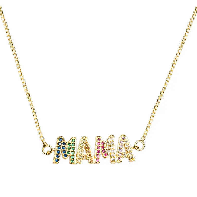Mothers Day Jewelry 18K Gold Plated Small Iced Out Colorful Zircon Uppercase Letters MAMA Necklace