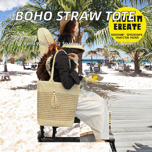 Bolso Tote Grande de Mujer Estilo Boho, Tejido, Color Sólido, Cierre Abierto, Bolso de Paja con Borlas y Forro de Poliéster para Vacaciones y Uso Diario - Product Image 2