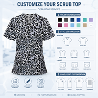 Uniforme Médico de Moda al por Mayor con Estampado de Leopardo, Blusa de Enfermería con Cuello en V y Manga Corta, Ropa de Trabajo para Hospital con Logotipo Personalizado para Mujer