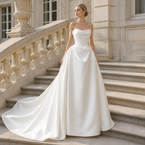 LY110 Elegant Strapless Ruffle Satin Ivory Wedding Party <b>Dresses</b> <b>With</b> <b>Train</b> - Product Image 1