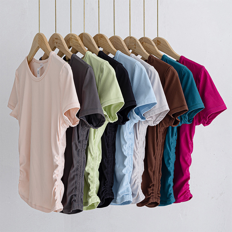 Ribbed High Elastic Running T-shirt Women Yoga Shirt Summer Short-sleeved Breathable Slim Waist Quick-drying Fitness Sports Top