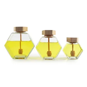100ml 220ml 380ml forma de hexágono frascos de vidro Vazio com tampa dipper de madeira para mel de abelha em bruto mel suculento