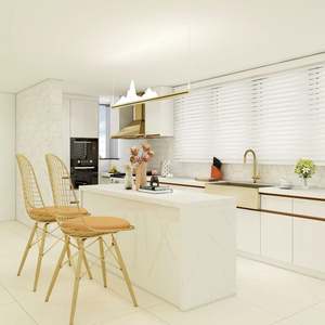 Armoires de cuisine modernes en contreplaqué, armoires blanches à finition brillante avec plan de travail en marbre - Product Image 1