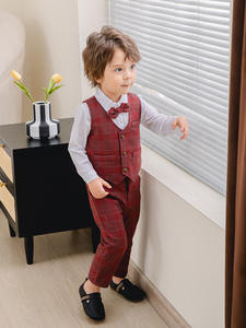 Completo Formale da Gentiluomo per Ragazzi con Motivo a Quadri, Maniche Lunghe, Papillon, Camicia, Pantaloni e Gilet, Set di Abbigliamento per Bambini per Spettacoli, Matrimoni e Banchetti - Product Image 2