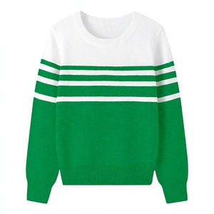 Pull en tricot à col rond, manches longues, color-block vert et blanc, décontracté, pour l'automne, pour adultes - Product Image 1