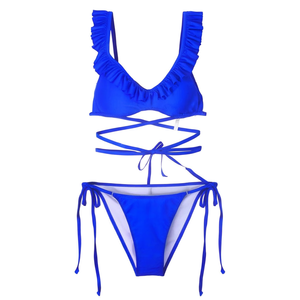 Costume da bagno bikini blu da donna Buonic con top a volant e slip con laccetti, taglie 42, 44, 46, 48 - Product Image 2