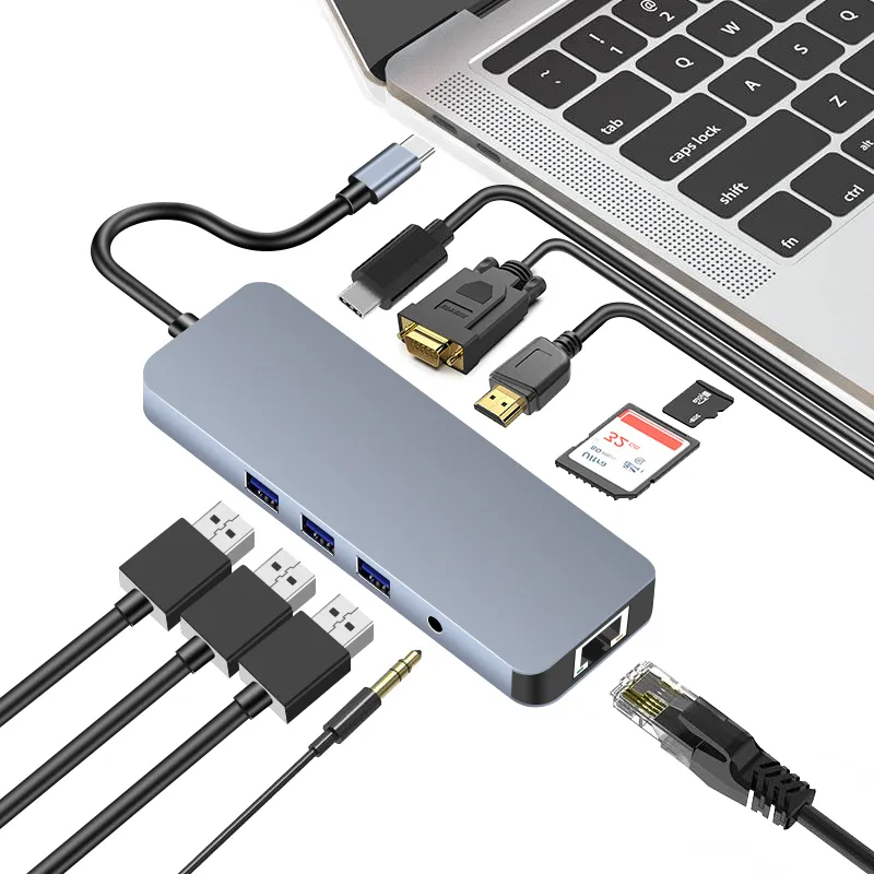 Usb C 10 Poorten Hub Oem Draagbare Mini Dock Met Hdm I 4k 30hz Vga Rj45 Pd 100W Compatibel Voor Window S Macboo K Pro Del L Lenov O