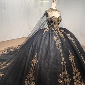 Abito da Quinceañera con Corpetto a Cuore, Applicazioni in <span class=keywords><strong>Pizzo</strong></span> e Perline, <span class=keywords><strong>Vestito</strong></span> da Ballo <span class=keywords><strong>Nero</strong></span> per 15-16 Anni Mcd06 - Product Image 6