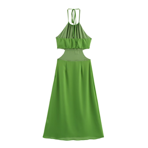 Vestido Largo Informal de Verano para Mujer, Estilo Halter, Verde, Cintura Hueca, Sin Mangas, Largo Maxi, Transpirable, Tejido, Diseño Sólido - Product Image 2