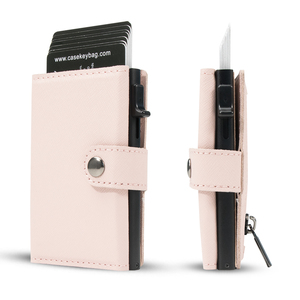 Casekey New Pink Saffiano Real Leather Tri-fold Push Button <b>Wallet</b> Slim Minimalist Popup Card Holder Portacarte Portafogli Donna - Product Image 1