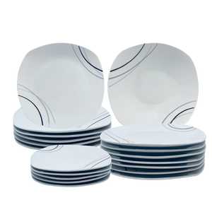 Service de vaisselle carré en porcelaine blanche 18 pièces avec motif ligné pour 6 personnes - Product Image 1