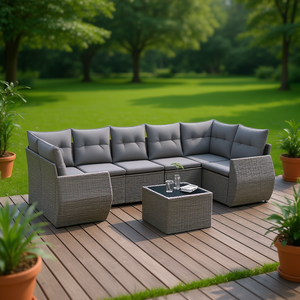 Ensemble de canapés de jardin en polyrotin gris 8 places avec coussins, mobilier d'extérieur au design contemporain - Product Image 2