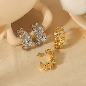 <b>Cuff</b> <b>Earrings</b> 18K Gold Stainless Steel Pleated Texture Irregular C Shape Fashion Jewelry for Women - Product Image 2