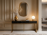 Table console en marbre noir avec pieds en laiton, rectangulaire, pour entrée, couloir, salon, table d'appoint, style moderne et luxueux