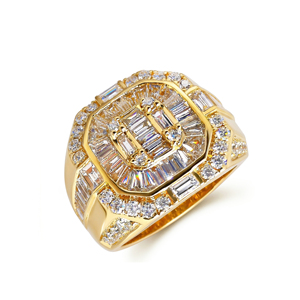 Luxury Yellow <b>Gold</b> <b>Cocktail</b> <b>Ring</b> With Baguette Cut Diamonds Pave Setting Geometric Design Unisex Jewelry - Product Image 1