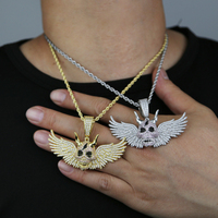 Haute qualité Micro pavé CZ aile volante crâne pendentif collier pour hommes noir foudre Rock Punk Hip Hop bijoux