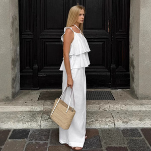 <span class=keywords><strong>Completo</strong></span> da <span class=keywords><strong>donna</strong></span> casual estivo 2026 in cotone e <span class=keywords><strong>lino</strong></span> bianco, top senza maniche in ramiè e pantaloni a gamba larga, set 2 pezzi - Product Image 3