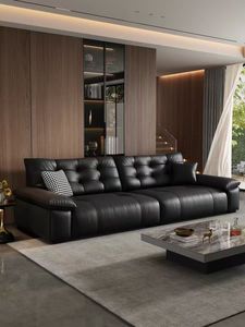 Canapé en cuir véritable capitonné et inclinable de style classique moderne - Taille personnalisable, sectionnel multiplace pour appartement et villa - Product Image 1