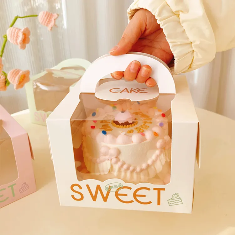 Pencere ve kek kurulu ile özel geri dönüşümlü kişiselleştirilmiş ambalaj kare doğum günü pastası kağit kutu